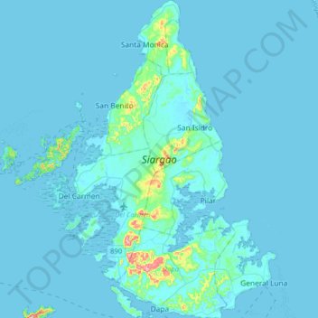 Siargao Island topographic map, elevation, terrain