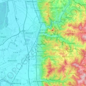 Weinheim topographic map, elevation, terrain