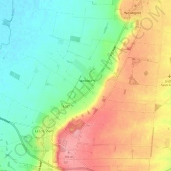 Welbourn topographic map, elevation, terrain