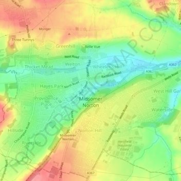 Midsomer Norton topographic map, elevation, terrain