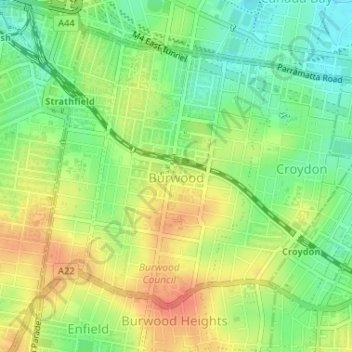 Burwood topographic map, elevation, terrain