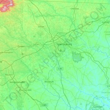 Spartanburg County topographic map, elevation, terrain