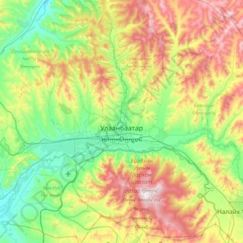 Ulaanbaatar topographic map, elevation, terrain