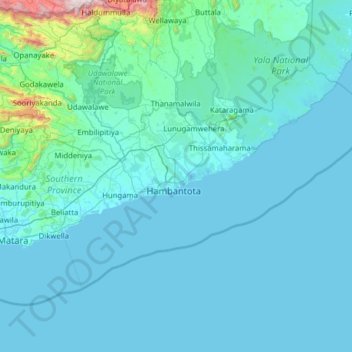 Hambantota District topographic map, elevation, terrain