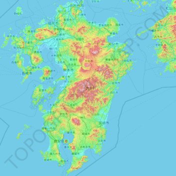 Kyūshū topographic map, elevation, terrain