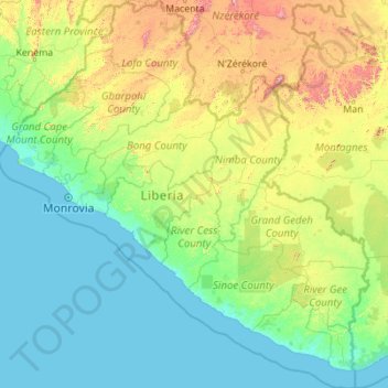 Liberia topographic map, elevation, terrain