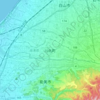川北町 topographic map, elevation, terrain