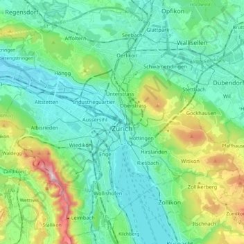 Zurich topographic map, elevation, terrain