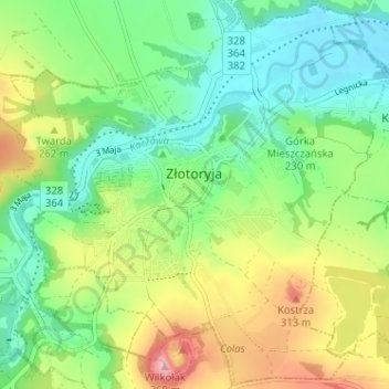 Złotoryja topographic map, elevation, terrain