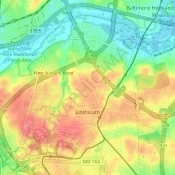 Linthicum topographic map, elevation, terrain