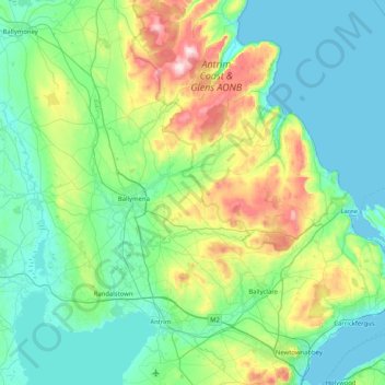 Mid and East Antrim District topographic map, elevation, terrain