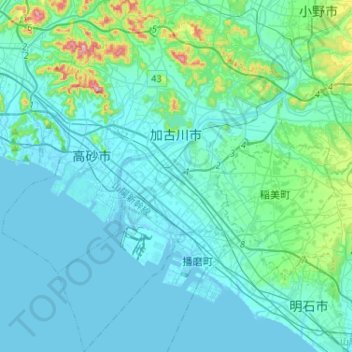 加古川市 topographic map, elevation, terrain