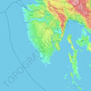 Istria County topographic map, elevation, terrain