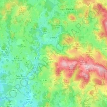 Janaillat topographic map, elevation, terrain