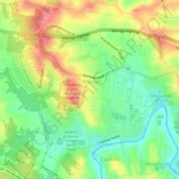 Brassall topographic map, elevation, terrain