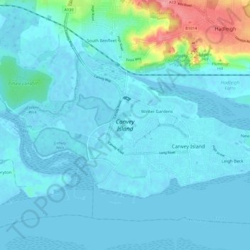 Canvey Island topographic map, elevation, terrain
