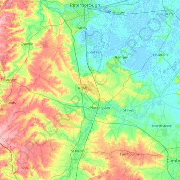 Huntingdonshire topographic map, elevation, terrain