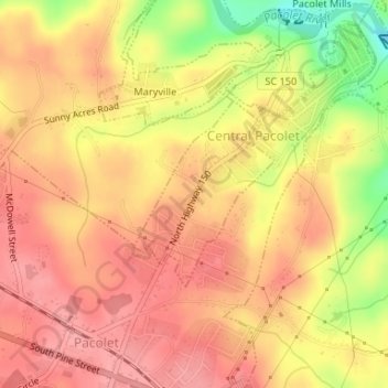 Central Pacolet topographic map, elevation, terrain
