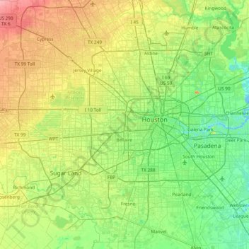Buffalo Bayou topographic map, elevation, terrain