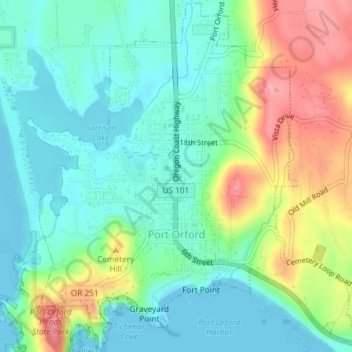Port Orford topographic map, elevation, terrain