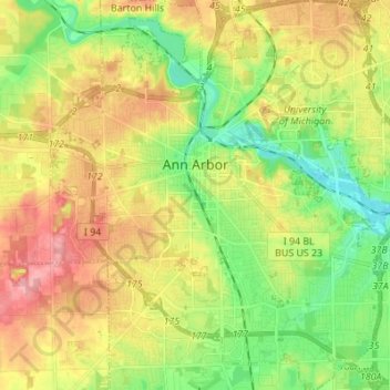 Ann Arbor topographic map, elevation, terrain