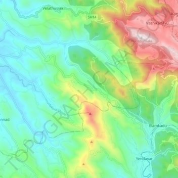 Poonjar-Thekkekara topographic map, elevation, terrain
