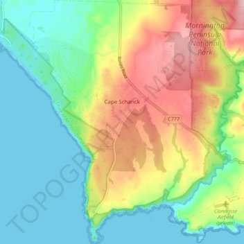 Cape Schanck topographic map, elevation, terrain