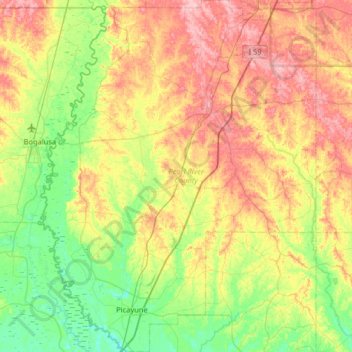 Pearl River County topographic map, elevation, terrain