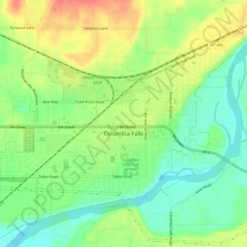 Columbia Falls topographic map, elevation, terrain