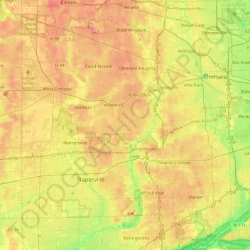 DuPage County topographic map, elevation, terrain