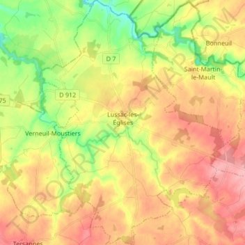 Lussac-les-Églises topographic map, elevation, terrain