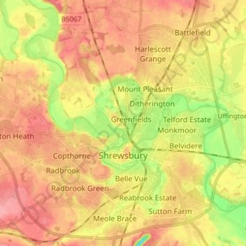 Shrewsbury topographic map, elevation, terrain