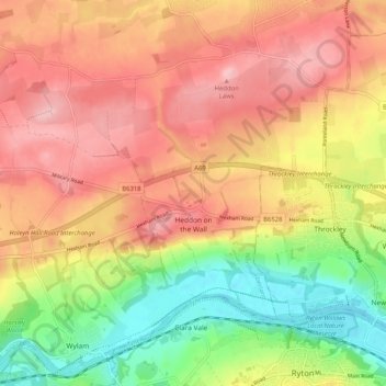 Heddon-on-the-Wall topographic map, elevation, terrain