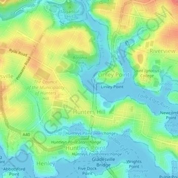 Hunters Hill topographic map, elevation, terrain