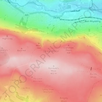 Ilkley Moor topographic map, elevation, terrain