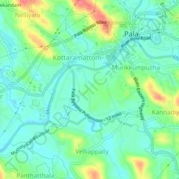 Pala Municipality Boarder with Mutholi Pachyath topographic map, elevation, terrain