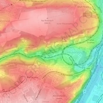 Prokopské jezírko topographic map, elevation, terrain