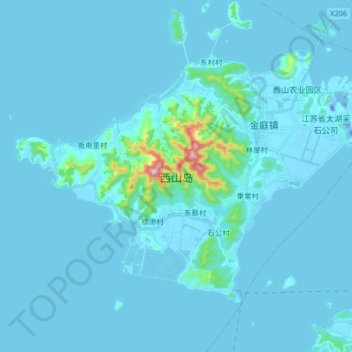 西山岛 topographic map, elevation, terrain