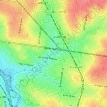 Glen Iris topographic map, elevation, terrain