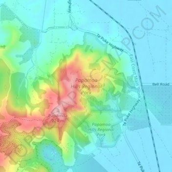 Papamoa Hills Regional Park topographic map, elevation, terrain