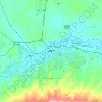 Casper topographic map, elevation, terrain