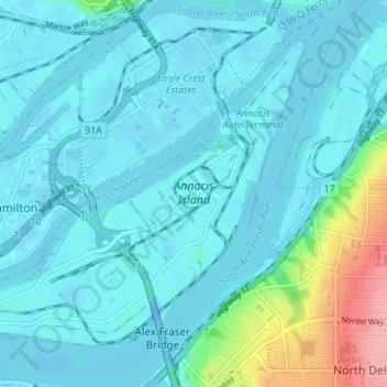 Annacis Island topographic map, elevation, terrain