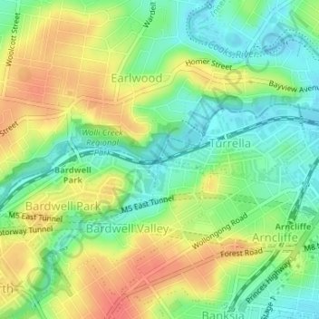 Wolli Creek topographic map, elevation, terrain