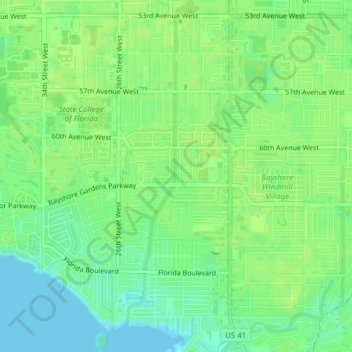 Bayshore Gardens topographic map, elevation, terrain