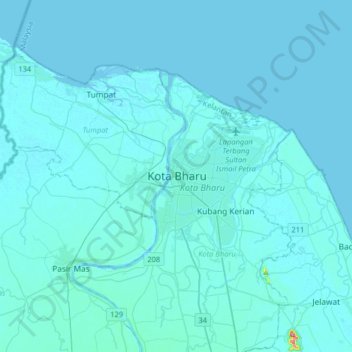 Kota Bharu topographic map, elevation, relief