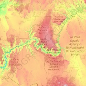 Grand Canyon National Park topographic map, elevation, relief