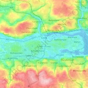 Cork City topographic map, elevation, relief
